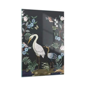 Cuadro sobre vidrio - Impresiones sobre Vidrio - Pájaros coloridos entre ramas floridas contra un fondo oscuro - 50x70cm - Desfile de aves - Decoración de pared moderna para salón y dormitorio ARTTOR