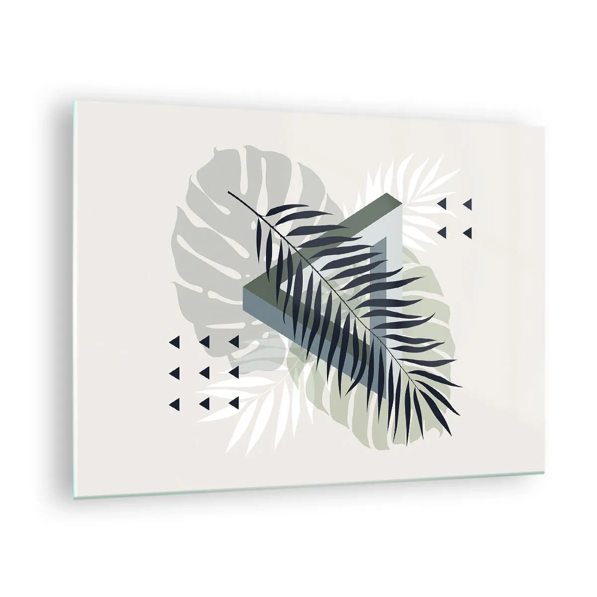 Cuadro sobre vidrio - Impresiones sobre Vidrio - Una moderna composición geométrica de hojas. - 70x50cm - Naturaleza y geometría - Decoración de pared moderna para salón y dormitorio ARTTOR