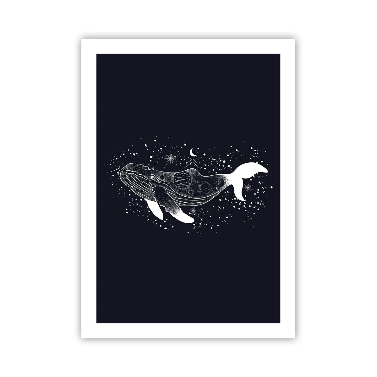 Póster - Una ballena espacial en estilo gráfico sobre un fondo negro. - 50x70cm - En el océano del universo - Decoración de pared moderna para salón y dormitorio ARTTOR