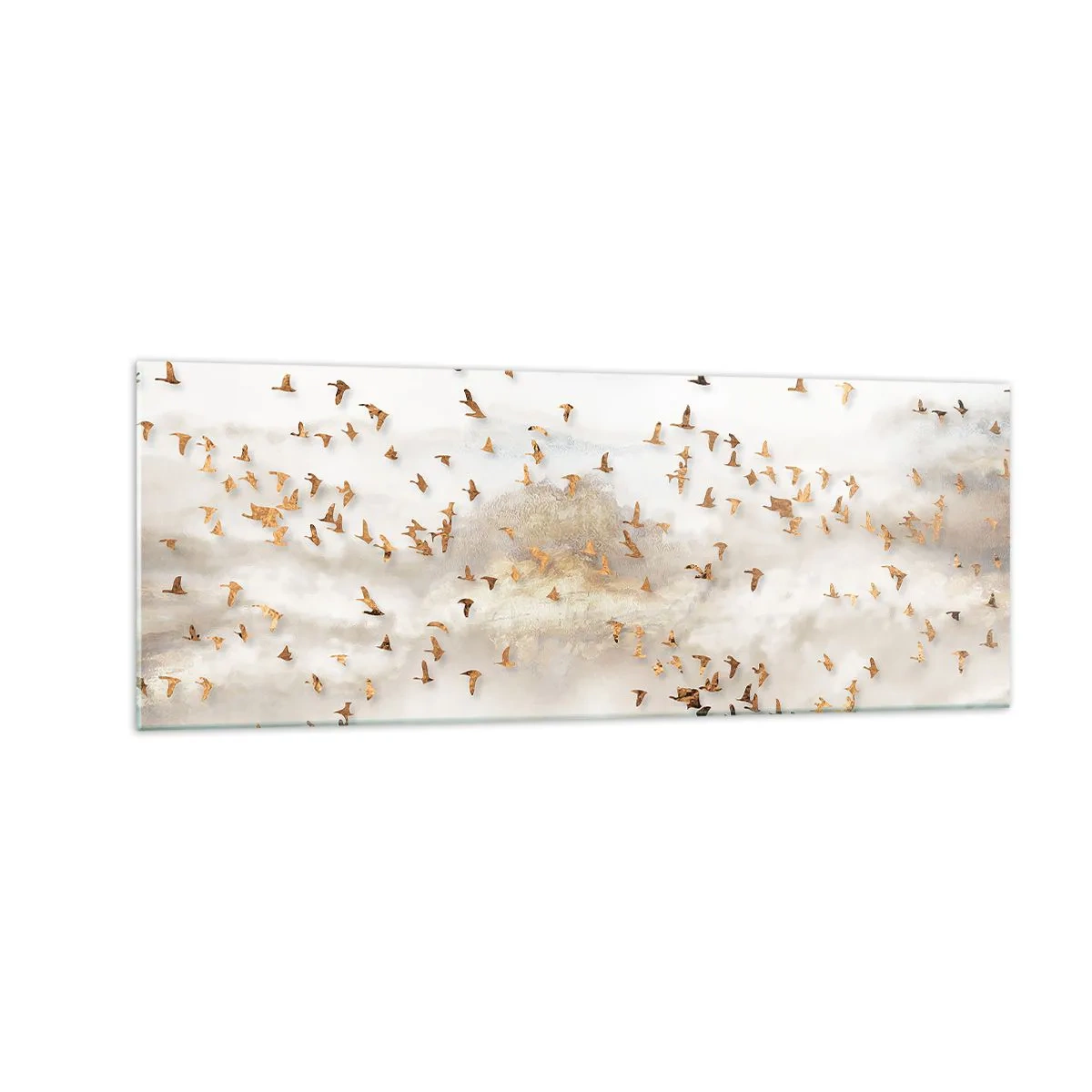Cuadro sobre vidrio - Impresiones sobre Vidrio - Pájaros dorados contra las montañas brumosas - 140x50cm - Es hora... - Decoración de pared moderna para salón y dormitorio ARTTOR