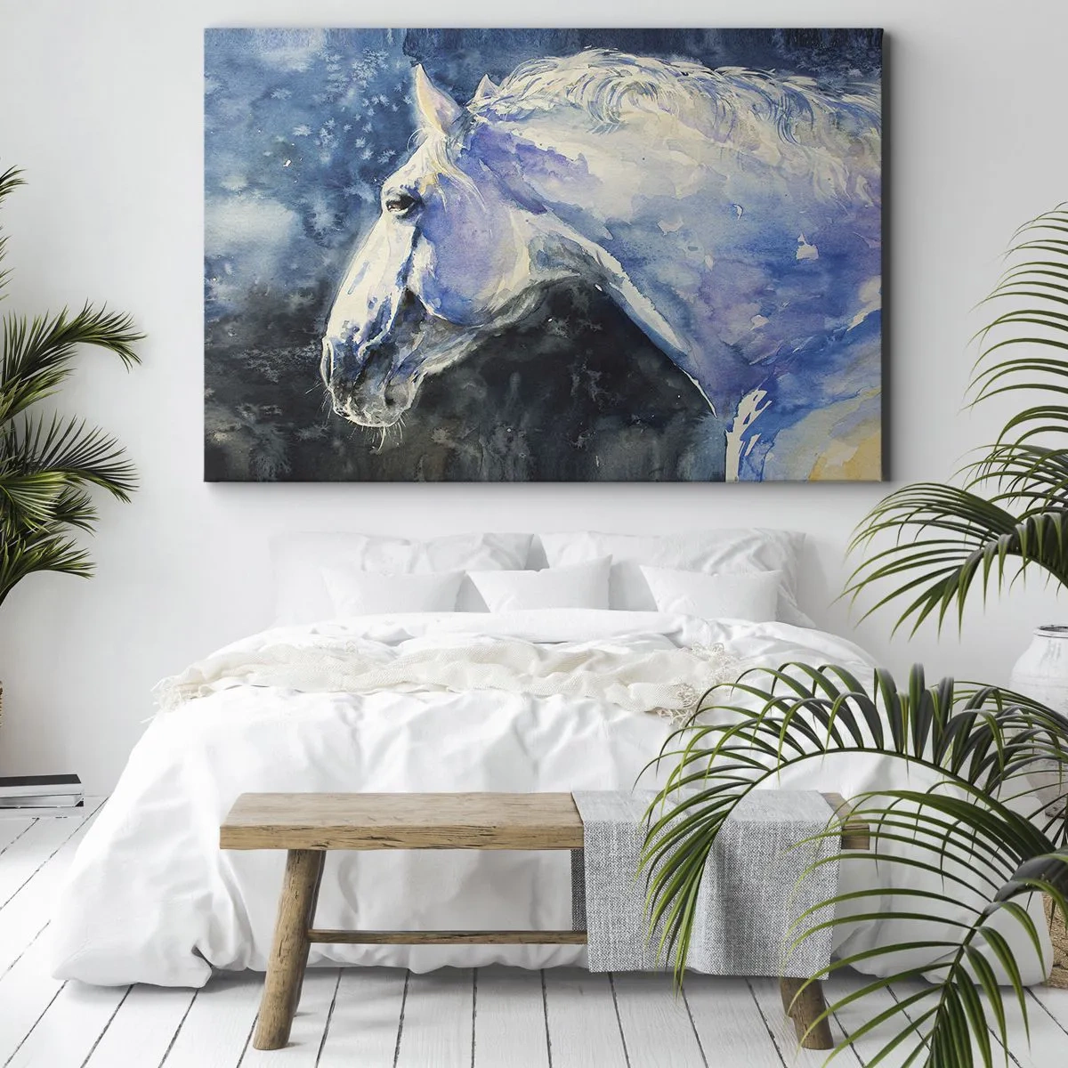 Cuadro sobre lienzo - Impresión de Imagen - Un retrato de un caballo en tonos azules con un efecto de acuarela pictórica. - 70x50cm - Retrato en un resplandor azul - Decoración de pared moderna para salón y dormitorio ARTTOR
