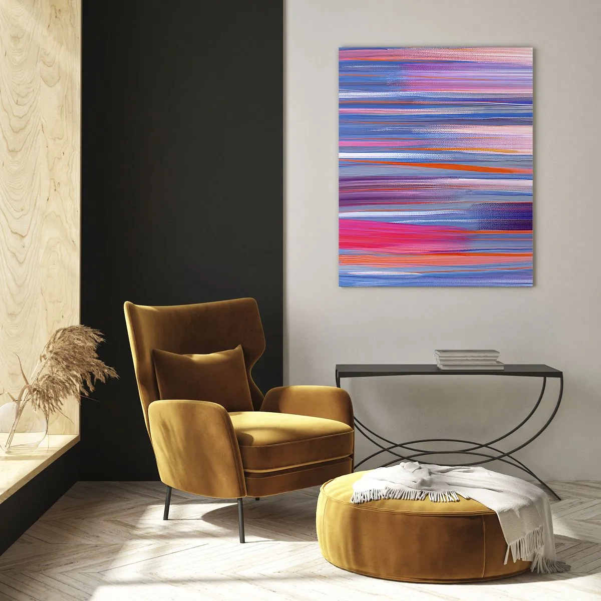 Cuadro sobre vidrio - Impresiones sobre Vidrio - Líneas verticales abstractas en tonos azul y rosa. - 70x100cm - Ascensión - Decoración de pared moderna para salón y dormitorio ARTTOR