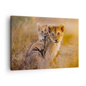 Cuadro sobre lienzo - Impresión de Imagen - Adorables cachorros de león en su entorno natural. - 70x50cm - ¡No molestar! Nos estamos divirtiendo - Decoración de pared moderna para salón y dormitorio ARTTOR