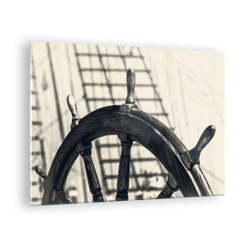 Cuadro sobre vidrio - Impresiones sobre Vidrio - Timón de barco náutico en blanco y negro - 70x50cm - Un cuento marino - Decoración de pared moderna para salón y dormitorio ARTTOR