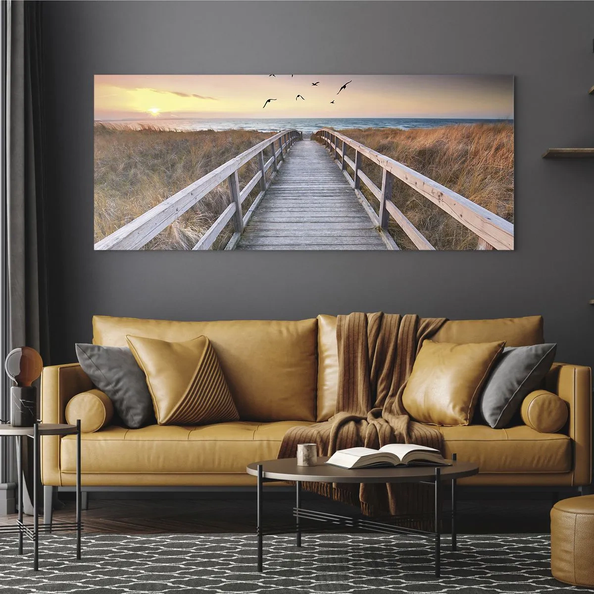 Cuadro sobre vidrio - Impresiones sobre Vidrio - Muelle de madera que conduce a la playa al atardecer - 140x50cm - Camino a lo desconocido - Decoración de pared moderna para salón y dormitorio ARTTOR