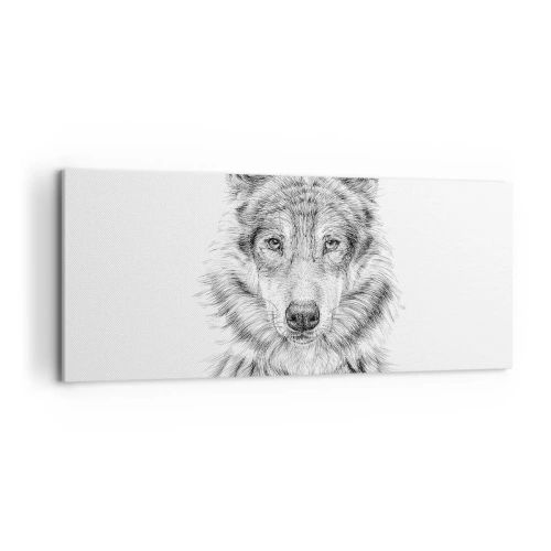 Cuadro sobre lienzo - Impresión de Imagen - Boceto de una cabeza de lobo en estilo monocromático sobre fondo blanco. - 120x50cm - Un líder nato - Decoración de pared moderna para salón y dormitorio ARTTOR