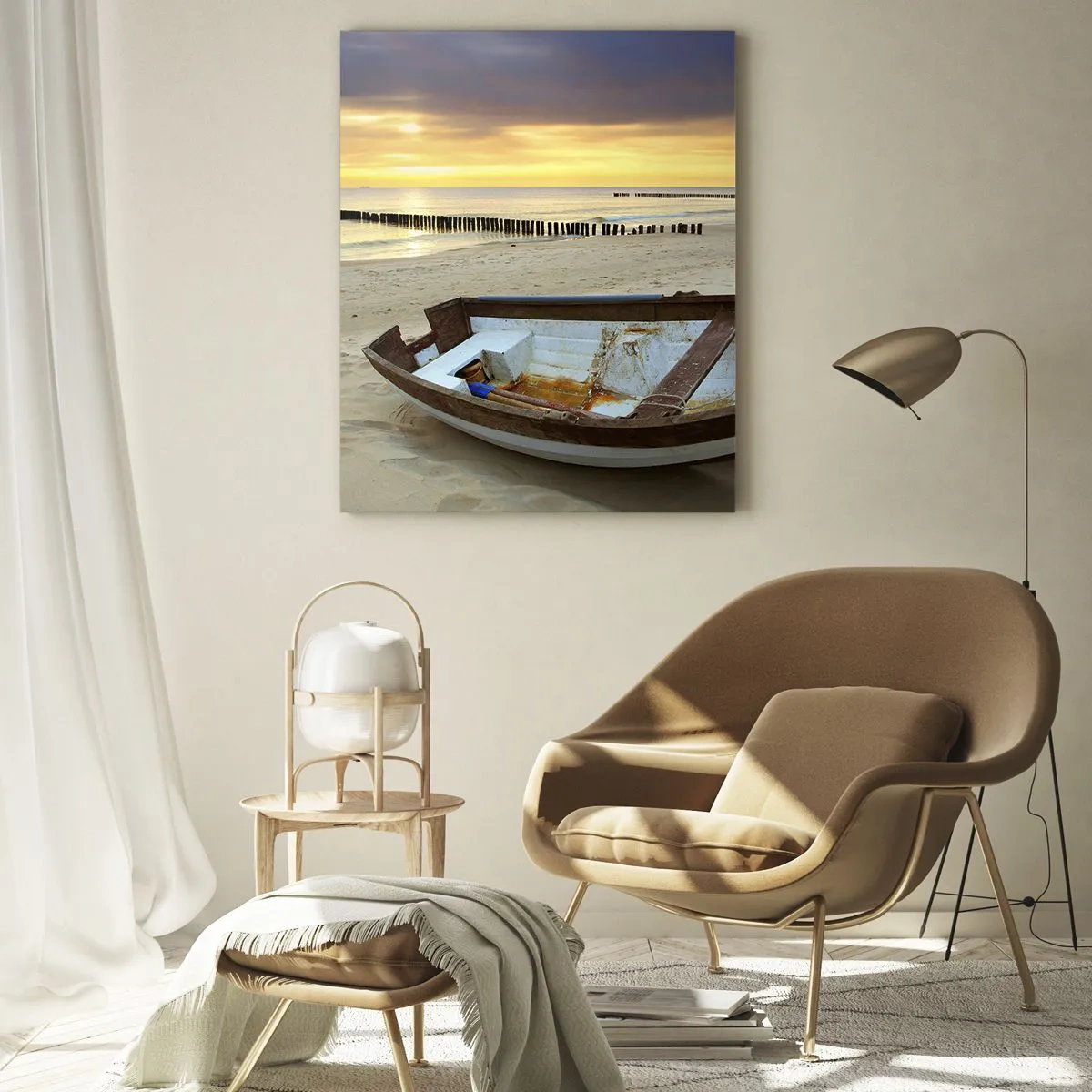 Cuadro sobre vidrio - Impresiones sobre Vidrio - Un barco en una playa de arena al amanecer. - 50x70cm - No hay playas más bonitas - Decoración de pared moderna para salón y dormitorio ARTTOR