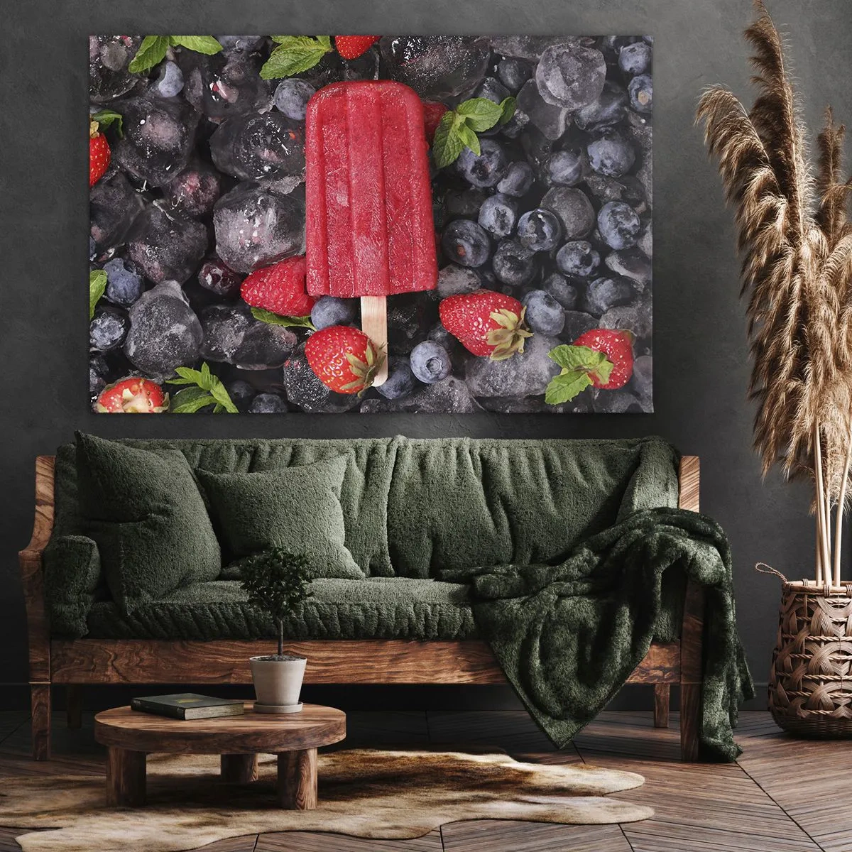 Cuadro sobre lienzo - Impresión de Imagen - Paleta roja rodeada de fruta y hielo. - 70x50cm - El sabor del verano caluroso - Decoración de pared moderna para salón y dormitorio ARTTOR
