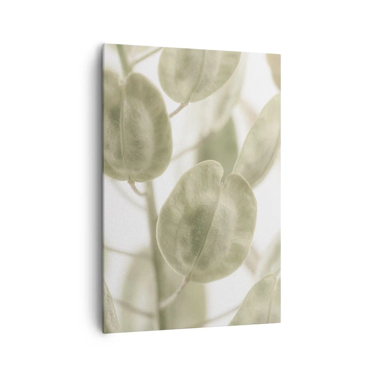 Cuadro sobre lienzo - Impresión de Imagen - Una delicada pintura de hojas en tonos pastel de verde sobre un fondo claro. - 70x100cm - Al principio de los tiempos había hojas... - Decoración de pared moderna para salón y dormitorio ARTTOR