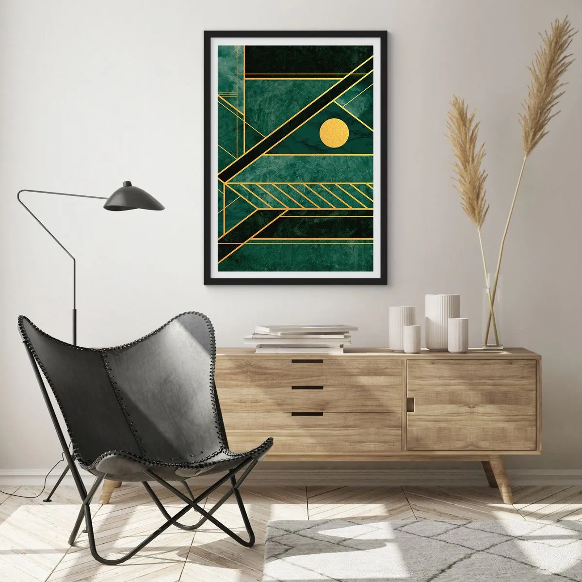 Póster en marco negro - La dinámica del oro y el azul - 61x91 cm