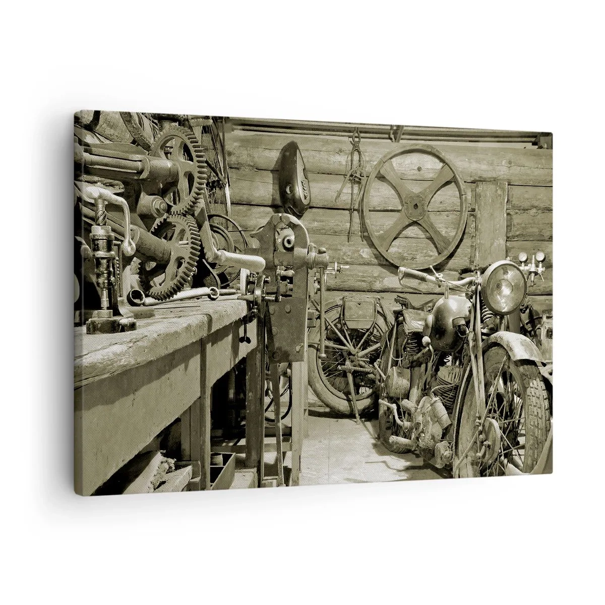 Cuadro sobre lienzo - Impresión de Imagen - Taller retro con motos y herramientas - 70x50cm - En el trastero del abuelo - Decoración de pared moderna para salón y dormitorio ARTTOR