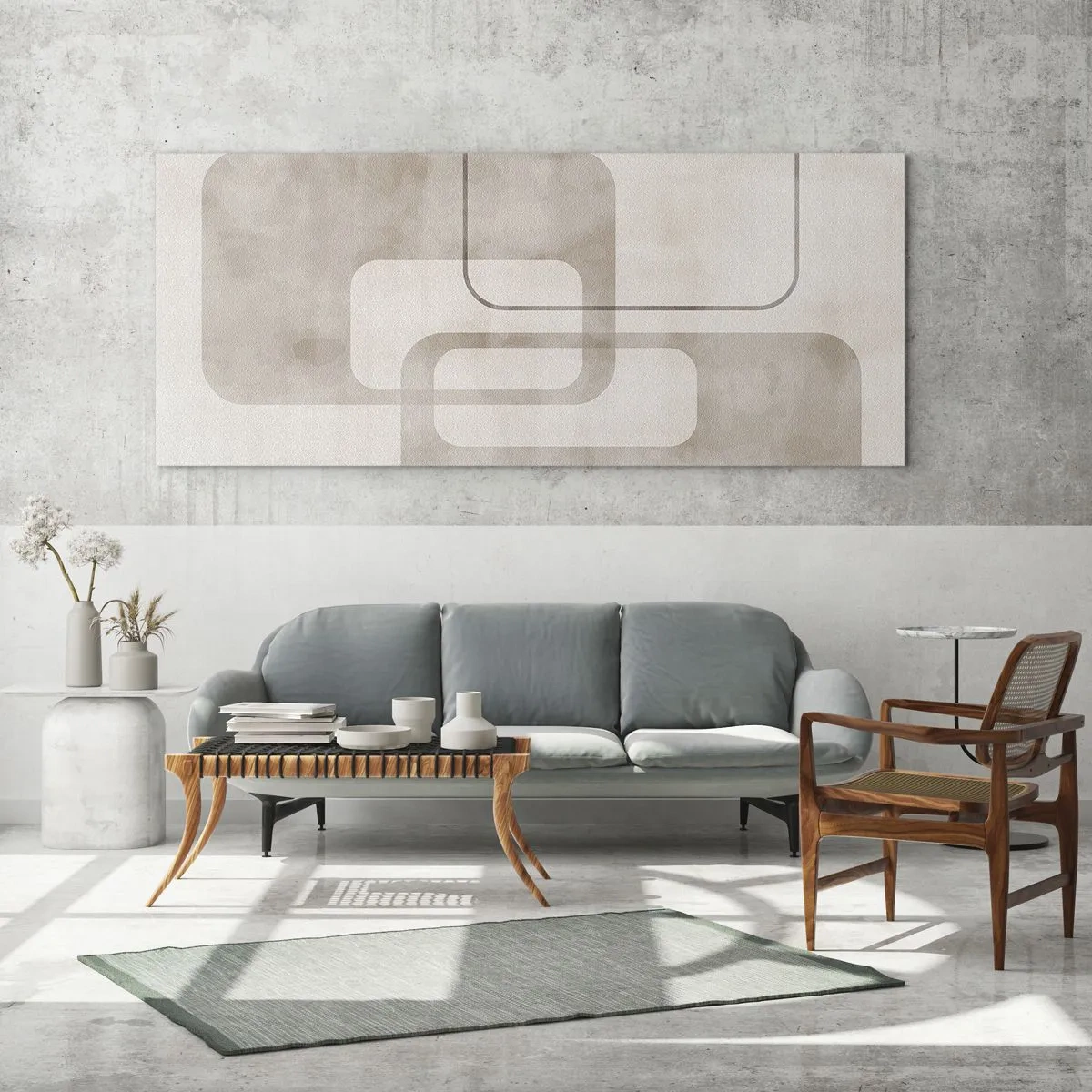 Cuadro sobre vidrio - Impresiones sobre Vidrio - Una composición minimalista con rectángulos en tonos beige sobre un fondo sutil. - 160x50cm - Fuga geométrica - Decoración de pared moderna para salón y dormitorio ARTTOR