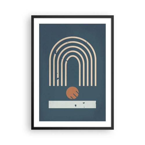 Póster en marco negro - Arcos geométricos y una esfera sobre un fondo oscuro. - 50x70cm - Geometría sobre azul marino - Decoración de pared moderna para salón y dormitorio ARTTOR