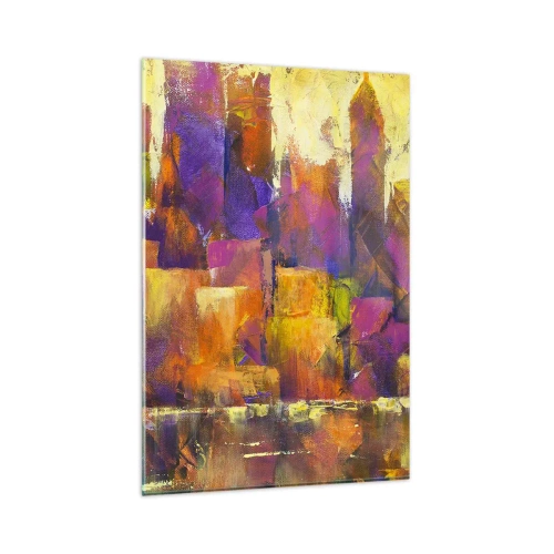 Cuadro sobre vidrio - Impresiones sobre Vidrio - Composición abstracta de una metrópolis en tonos amarillos y morados. - 80x120cm - Composición metropolitana - Decoración de pared moderna para salón y dormitorio ARTTOR