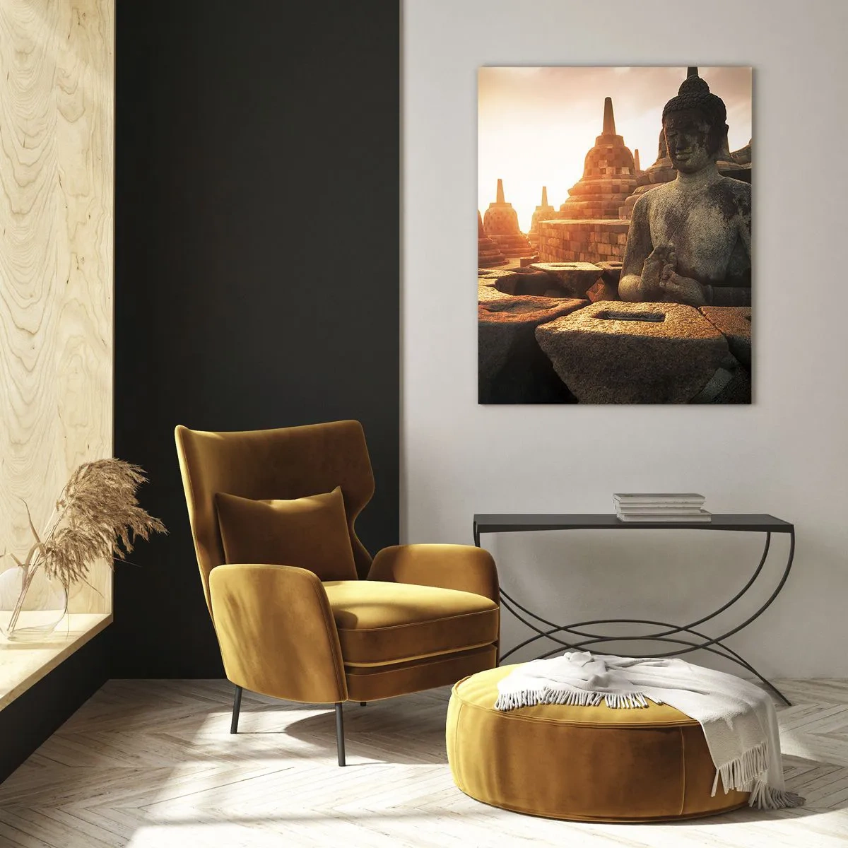 Cuadro sobre vidrio - Impresiones sobre Vidrio - Una estatua de Buda iluminada por el sol poniente en un antiguo complejo de templos. - 50x70cm - Tiempo de gran sabiduría - Decoración de pared moderna para salón y dormitorio ARTTOR