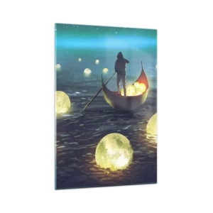 Cuadro sobre vidrio - Impresiones sobre Vidrio - Una figura en un barco rodeada de bolas luminosas en el agua. - 70x100cm - Cosas que los filósofos nunca soñaron - Decoración de pared moderna para salón y dormitorio ARTTOR
