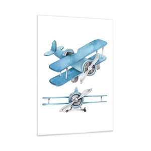 Cuadro sobre vidrio - Impresiones sobre Vidrio - Aviones retro azules sobre fondo blanco para niños. - 50x70cm - Un ganador nato - Decoración de pared moderna para salón y dormitorio ARTTOR