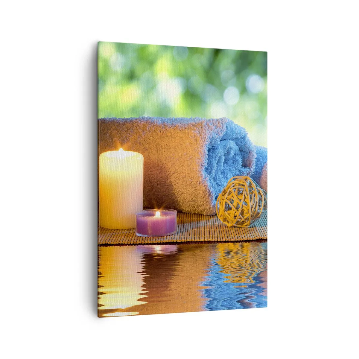 Cuadro sobre lienzo - Impresión de Imagen - Set de SPA relajante con toallas, velas y piedras - 70x100cm - Tiempo para el cuerpo - Decoración de pared moderna para salón y dormitorio ARTTOR