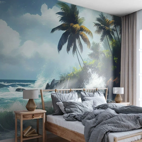 Fotomural Premium Sand - Olas rompiendo contra las rocas de una playa tropical con palmeras. - 100x70cm - En una costa tropical - Decoración de pared moderna para salón y dormitorio ARTTOR