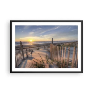 Póster en marco negro - Playa al atardecer con valla de madera - 70x50cm - El resplandor y la sombra del viento - Decoración de pared moderna para salón y dormitorio ARTTOR