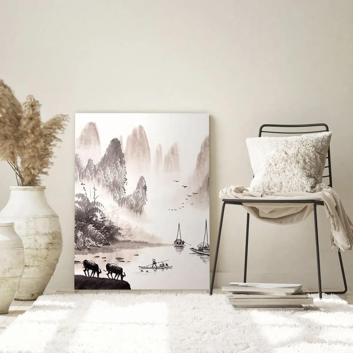 Cuadro sobre vidrio - Impresiones sobre Vidrio - Un pintoresco paisaje de estilo asiático con montañas brumosas. - 80x120cm - La exótica vida cotidiana de Oriente - Decoración de pared moderna para salón y dormitorio ARTTOR