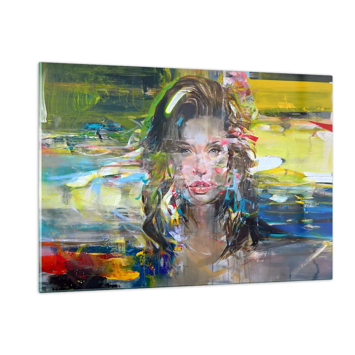 Cuadro sobre vidrio - Impresiones sobre Vidrio - Retrato abstracto de una mujer con un fondo dinámico. - 120x80cm - Tras el velo del aire - Decoración de pared moderna para salón y dormitorio ARTTOR