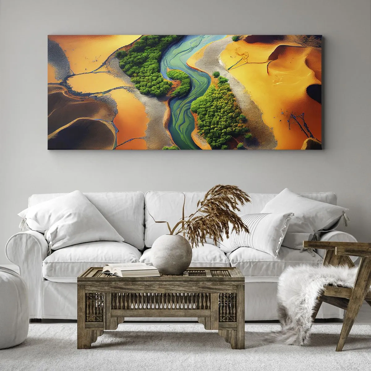 Cuadro sobre lienzo - Impresión de Imagen - Un río verde rodeado de arenas doradas y vegetación. - 160x50cm - Río que da vida - Decoración de pared moderna para salón y dormitorio ARTTOR