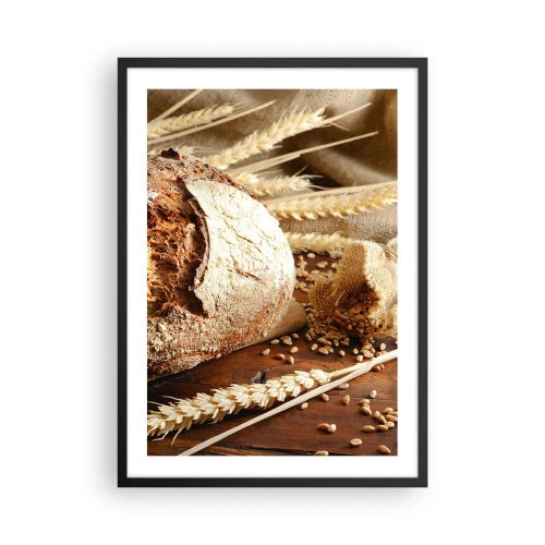 Póster en marco negro - Pan sobre una mesa de madera con espigas de trigo - 50x70cm - Apetitoso, fragante, crujiente - Decoración de pared moderna para salón y dormitorio ARTTOR