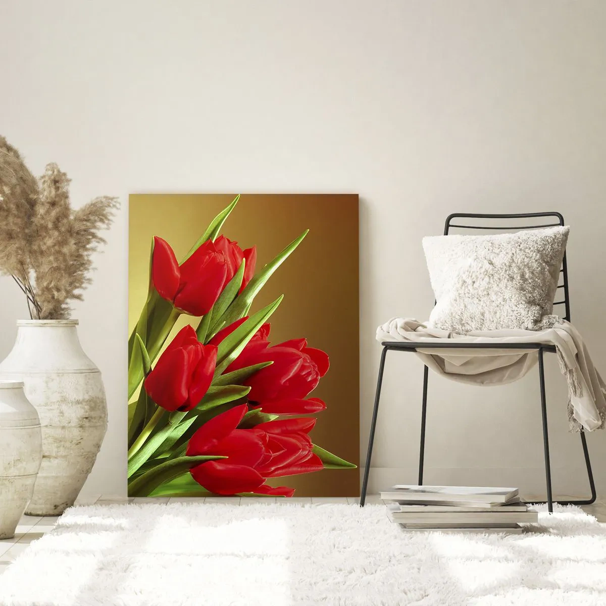 Cuadro sobre vidrio - Impresiones sobre Vidrio - Un ramo de tulipanes rojos sobre un fondo dorado. - 50x70cm - Estallido de alegría primaveral - Decoración de pared moderna para salón y dormitorio ARTTOR