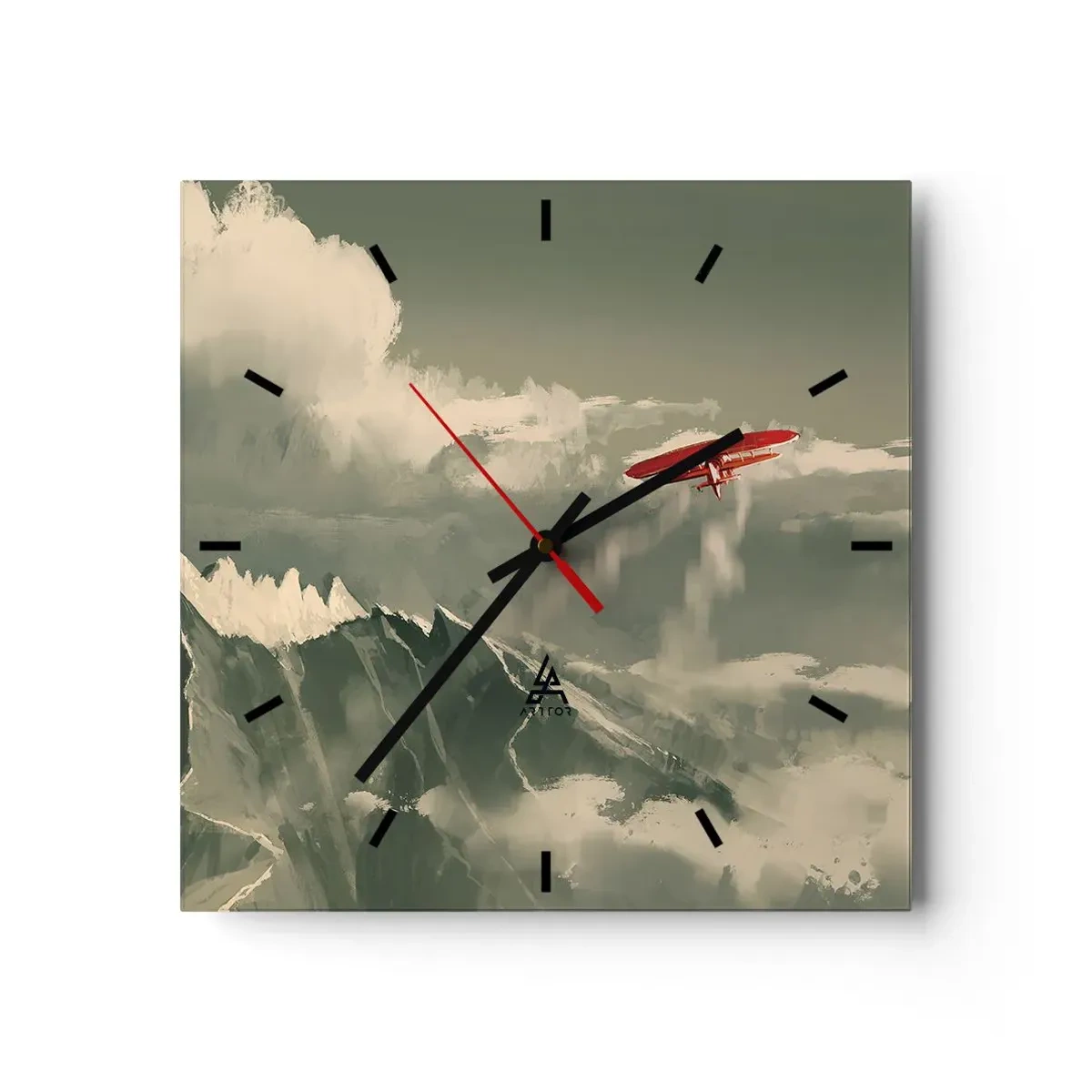 Reloj de pared - Reloj de vidrio - Avión rojo sobre montañas nevadas - 30x30cm - Pionero sin miedo - Decoración de pared moderna para salón y dormitorio ARTTOR