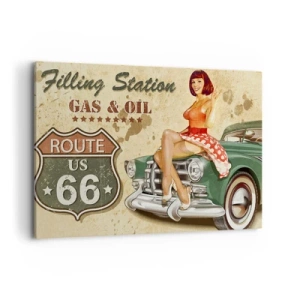 Cuadro sobre lienzo - Impresión de Imagen - Póster retro de la Ruta 66 con chica pin-up y coche. - 100x70cm - Los gloriosos años 40 - Decoración de pared moderna para salón y dormitorio ARTTOR