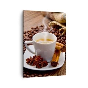 Cuadro sobre lienzo - Impresión de Imagen - Una taza de café con canela y anís sobre un fondo de granos de café. - 50x70cm - Sabor y aroma picante - Decoración de pared moderna para salón y dormitorio ARTTOR