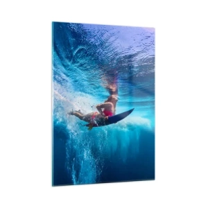Cuadro sobre vidrio - Impresiones sobre Vidrio - Una escena submarina con un surfista en acción dinámica. - 50x70cm - La profundidad de la alegría - Decoración de pared moderna para salón y dormitorio ARTTOR