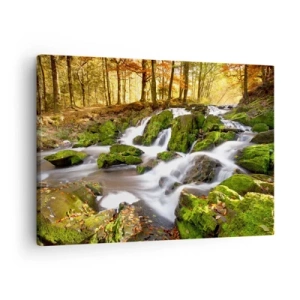 Cuadro sobre lienzo - Impresión de Imagen - Un paisaje boscoso con una cascada rodeada de musgo. - 70x50cm - Atravesando el bosque otoñal - Decoración de pared moderna para salón y dormitorio ARTTOR