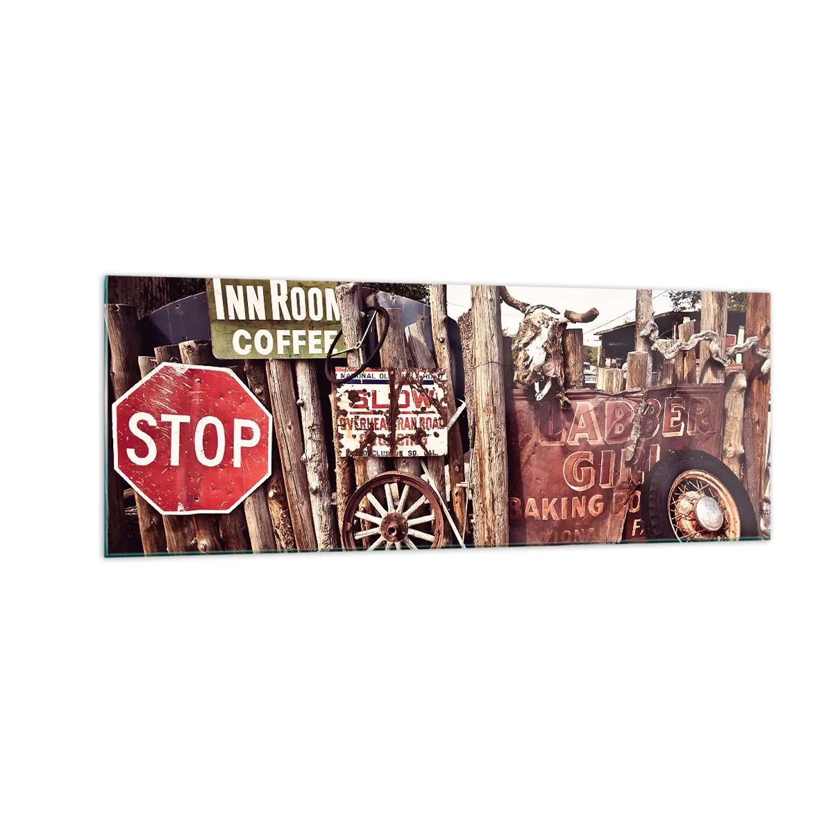 Cuadro sobre vidrio - Impresiones sobre Vidrio - Decoraciones rústicas con letreros y una rueda en la valla. - 140x50cm - Y el tiempo se detuvo - Decoración de pared moderna para salón y dormitorio ARTTOR