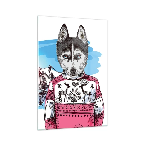 Cuadro sobre vidrio - Impresiones sobre Vidrio - Un lobo con un suéter de invierno frente a un paisaje montañoso. - 70x100cm - Un lobo con piel de cordero - Decoración de pared moderna para salón y dormitorio ARTTOR