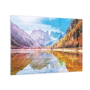 Cuadro sobre vidrio - Impresiones sobre Vidrio - Montañas otoñales reflejadas en el lago, rodeadas de árboles coloridos. - 100x70cm - Ya es otoño en las montañas - Decoración de pared moderna para salón y dormitorio ARTTOR