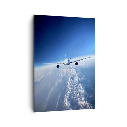 Cuadro sobre lienzo - Impresión de Imagen - Un avión volando sobre las nubes contra un cielo azul. - 50x70cm - Vuelo porque quiero - Decoración de pared moderna para salón y dormitorio ARTTOR