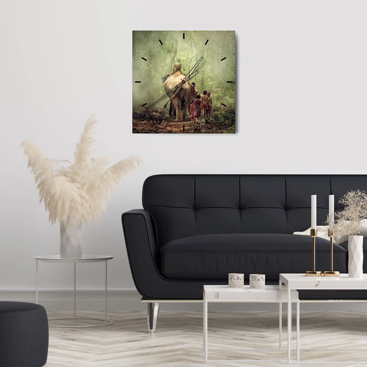 Reloj de pared - Reloj de vidrio - Niños con un elefante en un bosque verde a la luz de la mañana. - 30x30cm - El nuevo libro de la selva - Decoración de pared moderna para salón y dormitorio ARTTOR