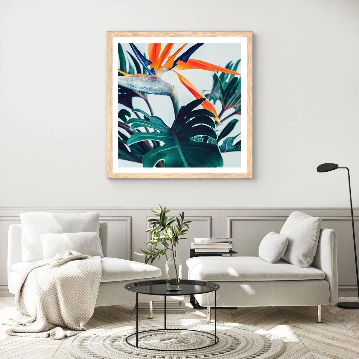 Póster en marco roble claro - La jaula del pájaro colorido - 40x40 cm