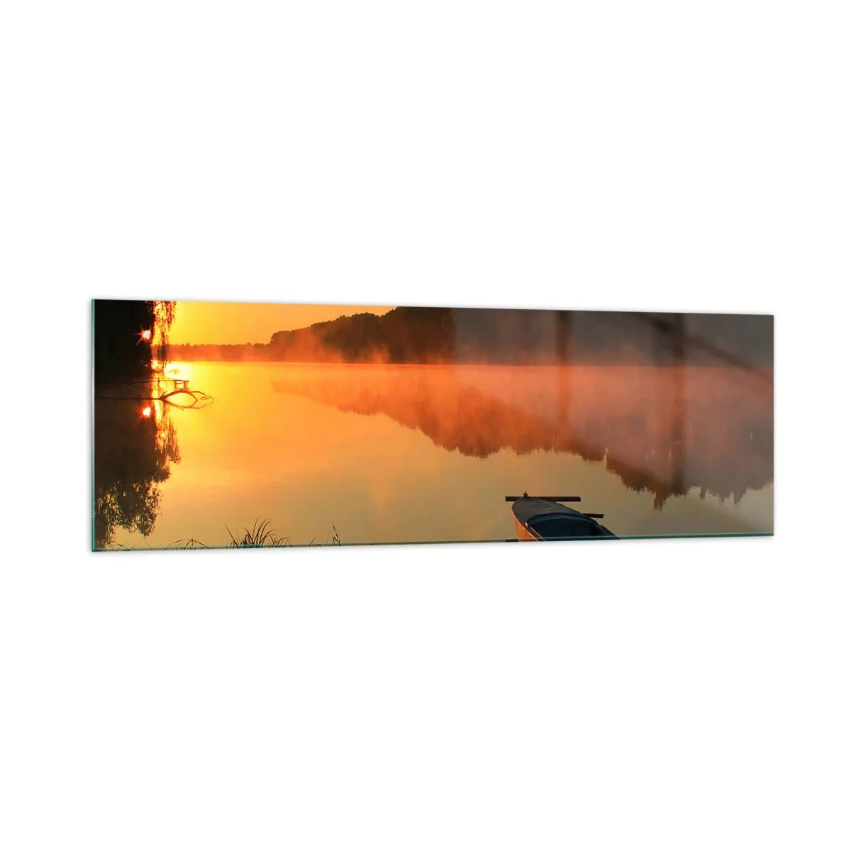 Cuadro sobre vidrio - Impresiones sobre Vidrio - Niebla matutina sobre el río con un barco bajo los rayos del sol. - 160x50cm - Amanecer sobre el agua como la superficie de un espejo - Decoración de pared moderna para salón y dormitorio ARTTOR
