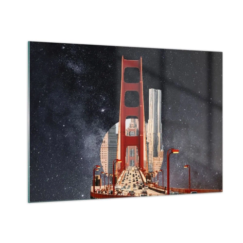 Cuadro sobre vidrio - Impresiones sobre Vidrio - Puente y rascacielos sobre un fondo de galaxia surrealista - 100x70cm - Siempre en el centro - Decoración de pared moderna para salón y dormitorio ARTTOR