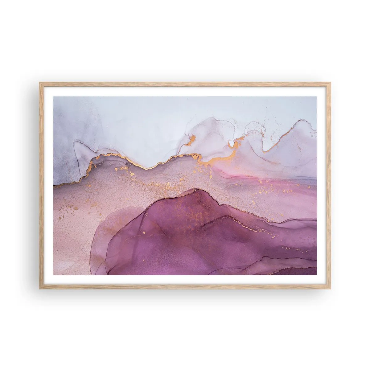 Póster en marco roble claro - Olas de lila y púrpura - 100x70 cm
