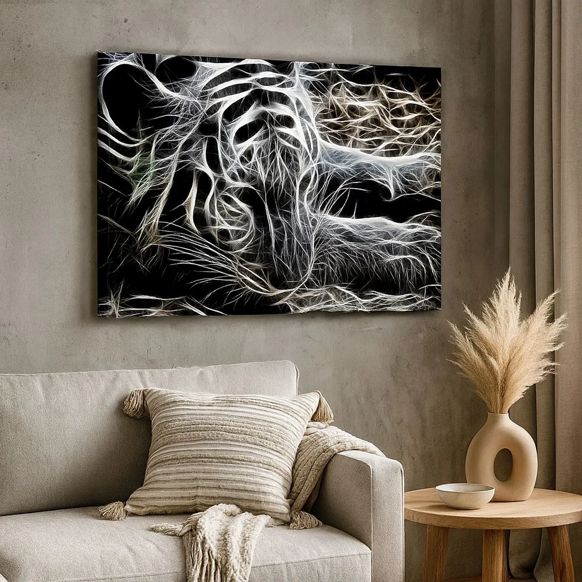 Cuadro sobre lienzo - Impresión de Imagen - Un patrón abstracto que representa la silueta de un gato sobre un fondo negro. - 70x50cm - Un estudio sobre la ligereza felina - Decoración de pared moderna para salón y dormitorio ARTTOR