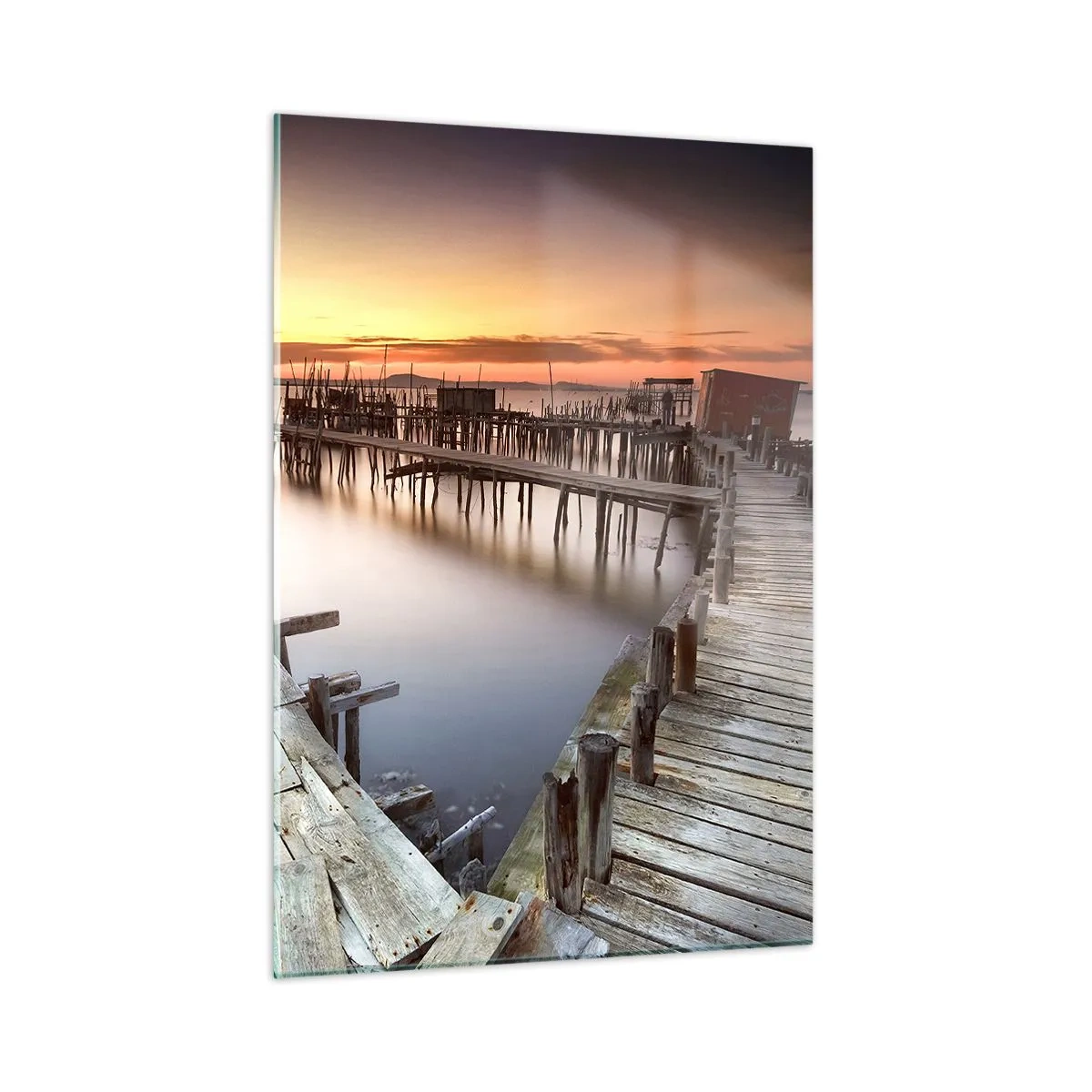 Cuadro sobre vidrio - Impresiones sobre Vidrio - Muelles de madera al atardecer sobre un lago tranquilo - 50x70cm - Auténtico, sublime - Decoración de pared moderna para salón y dormitorio ARTTOR