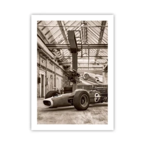 Póster - Un icónico coche de carreras con un interior industrial - 50x70cm - El descanso del vencedor - Decoración de pared moderna para salón y dormitorio ARTTOR