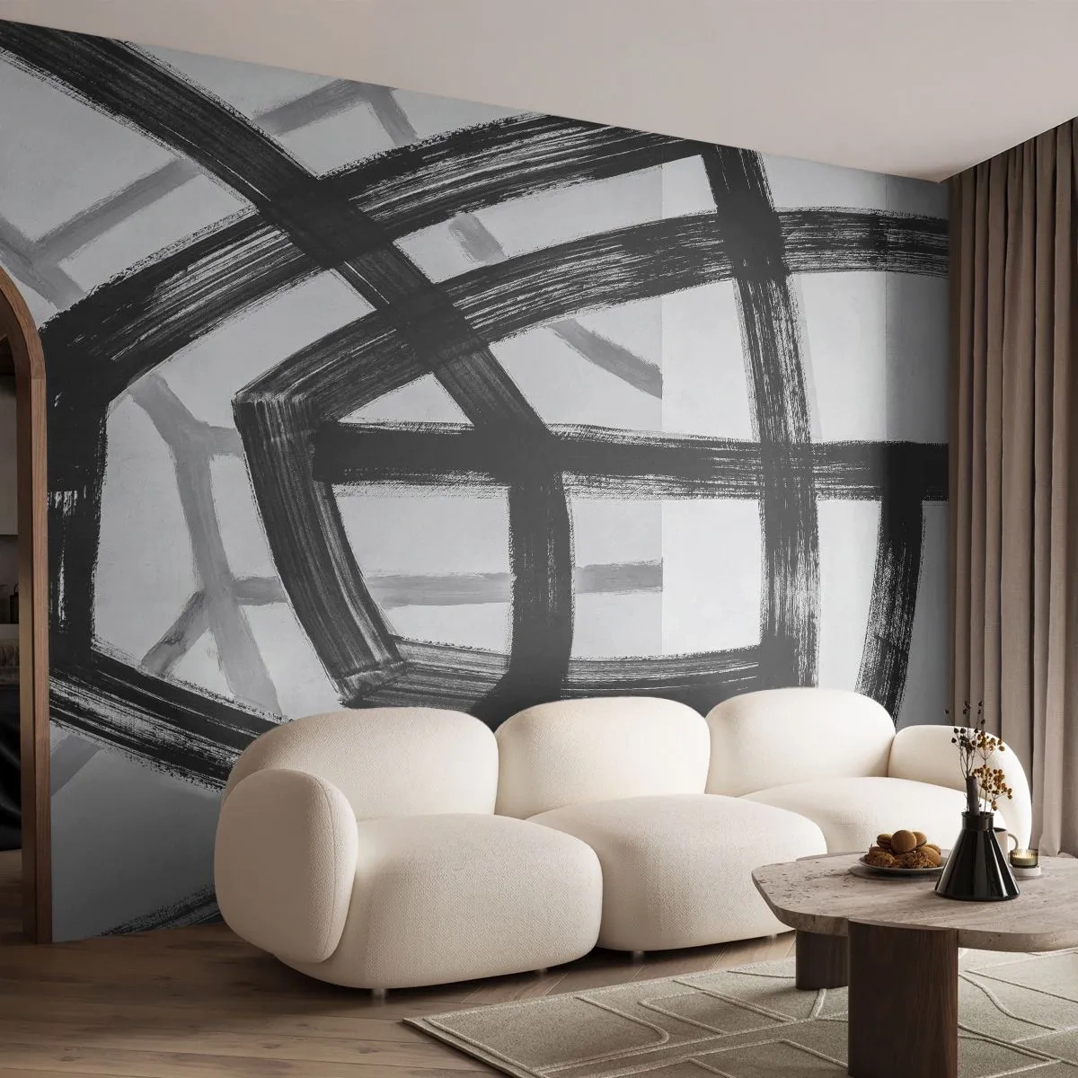 Fotomural Premium Sand - Líneas de pincel negras que crean una composición geométrica. - 100x70cm - Construir profundidad - Decoración de pared moderna para salón y dormitorio ARTTOR