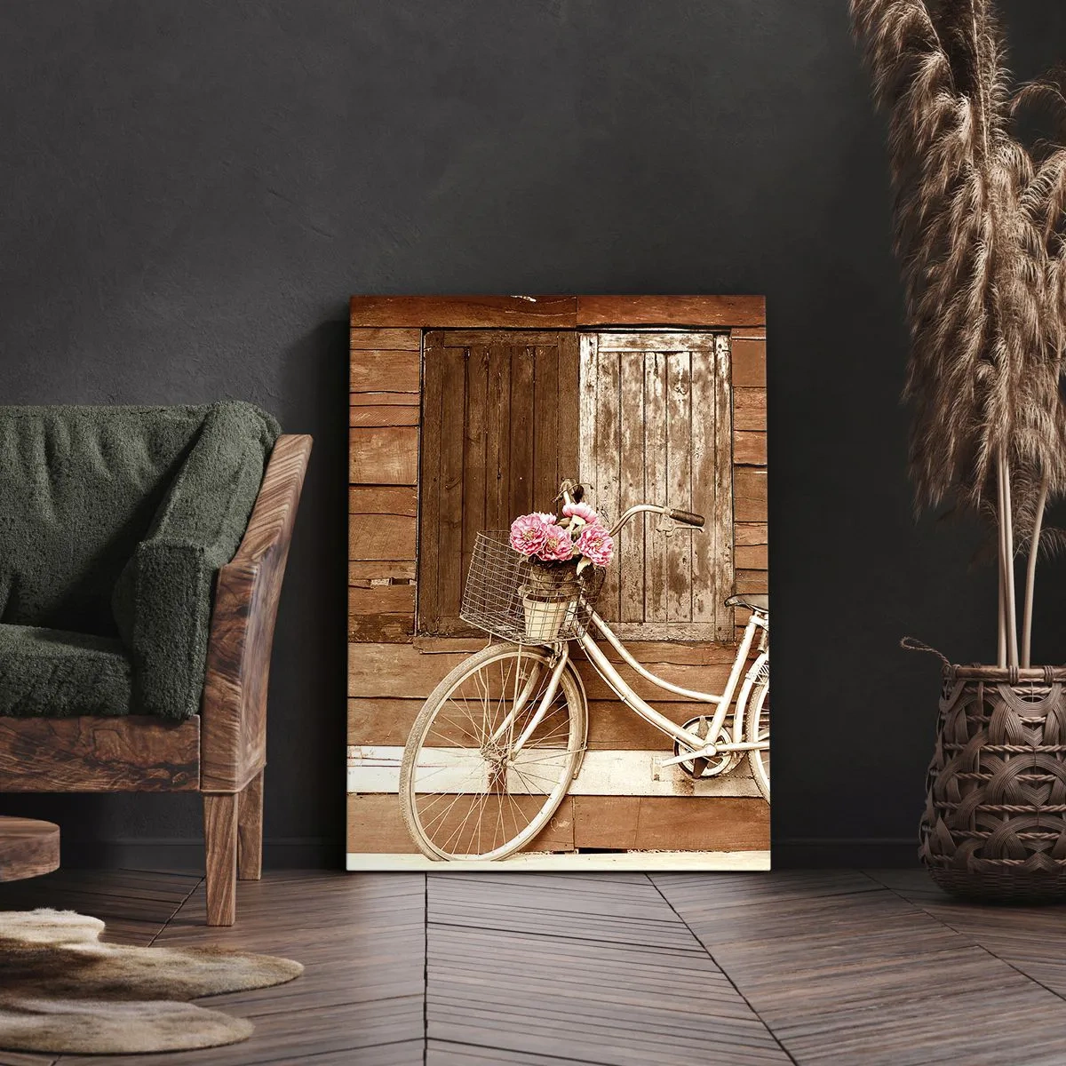 Cuadro sobre lienzo - Impresión de Imagen - Una bicicleta con una cesta llena de rosas contra una pared de madera. - 50x70cm - Ahora mismo vuelvo - Decoración de pared moderna para salón y dormitorio ARTTOR