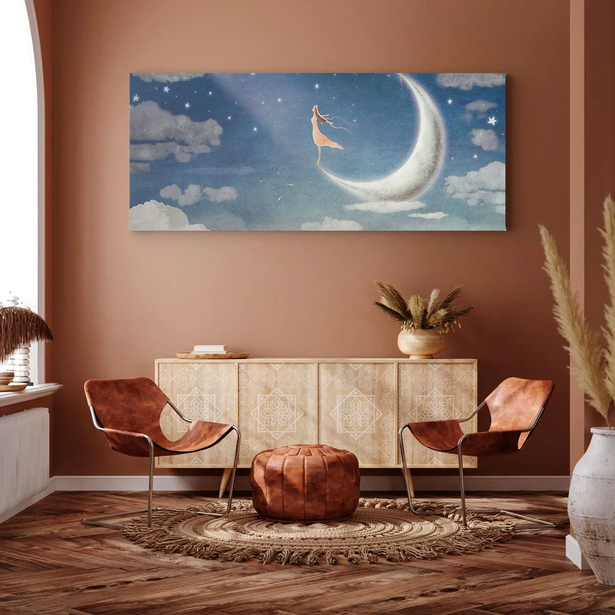 Cuadro sobre lienzo - Impresión de Imagen - Una mujer en la luna rodeada de estrellas y nubes. - 160x50cm - Pretendiente sobre azul - Decoración de pared moderna para salón y dormitorio ARTTOR