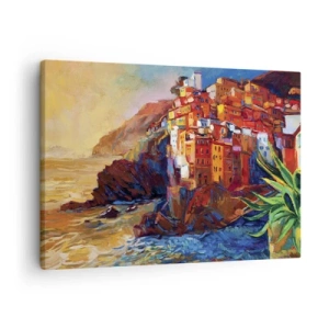 Cuadro sobre lienzo - Impresión de Imagen - Casas de colores en un acantilado sobre el mar - 70x50cm - Ambiente italiano - Decoración de pared moderna para salón y dormitorio ARTTOR